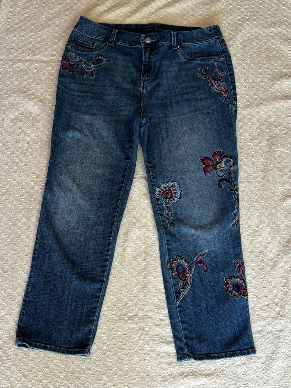 Chico's Dark Blue Straight-Leg Jeans with Colorful Floral Embroidery